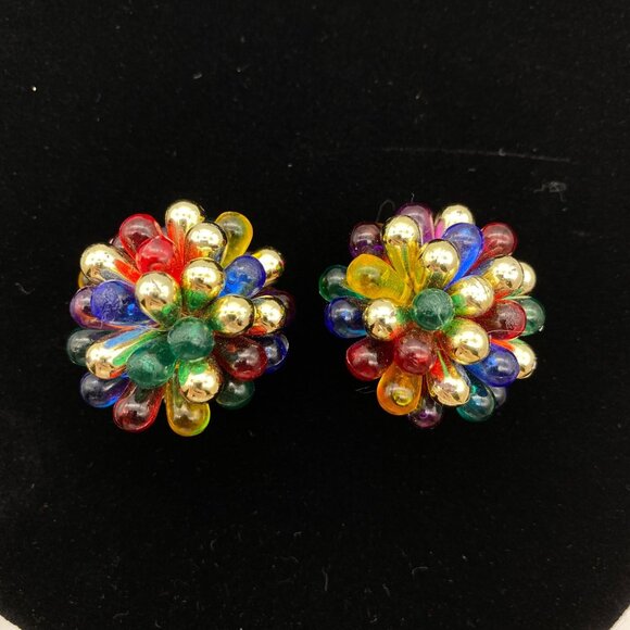 VTG colorful bead flower burst clip on earrings gold blue firework burst - Picture 1 of 5
